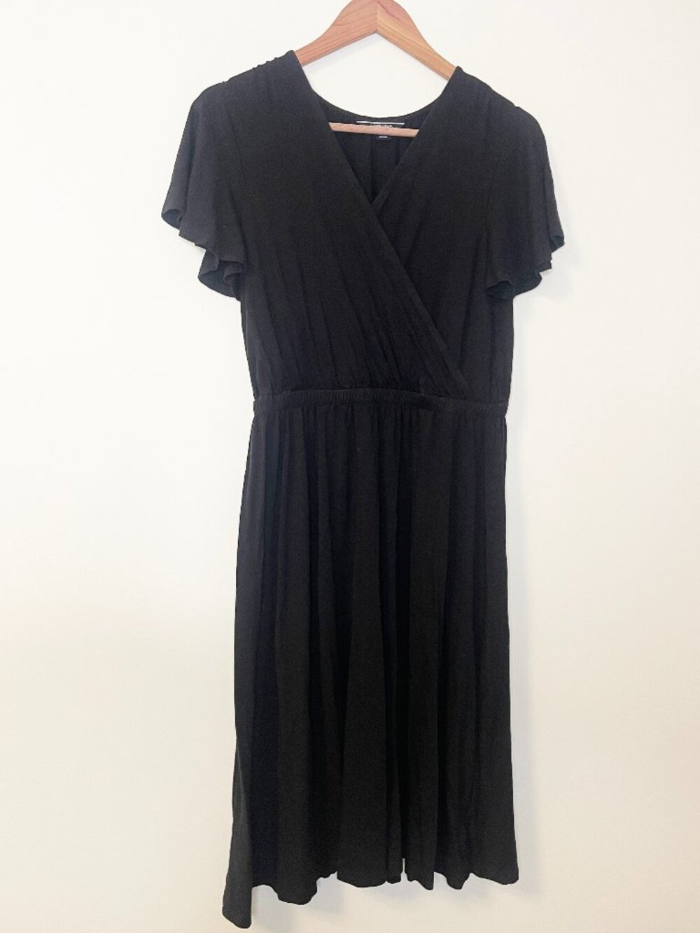Lands’ End Black Faux Wrap Flutter Sleeve Midi Dress XS 2-4 Classic Minimalist